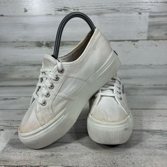 Superga Women's Platform Sneaker White Canvas Low Top Lace Up Shoes Size 6.5 - Picture 5 of 8